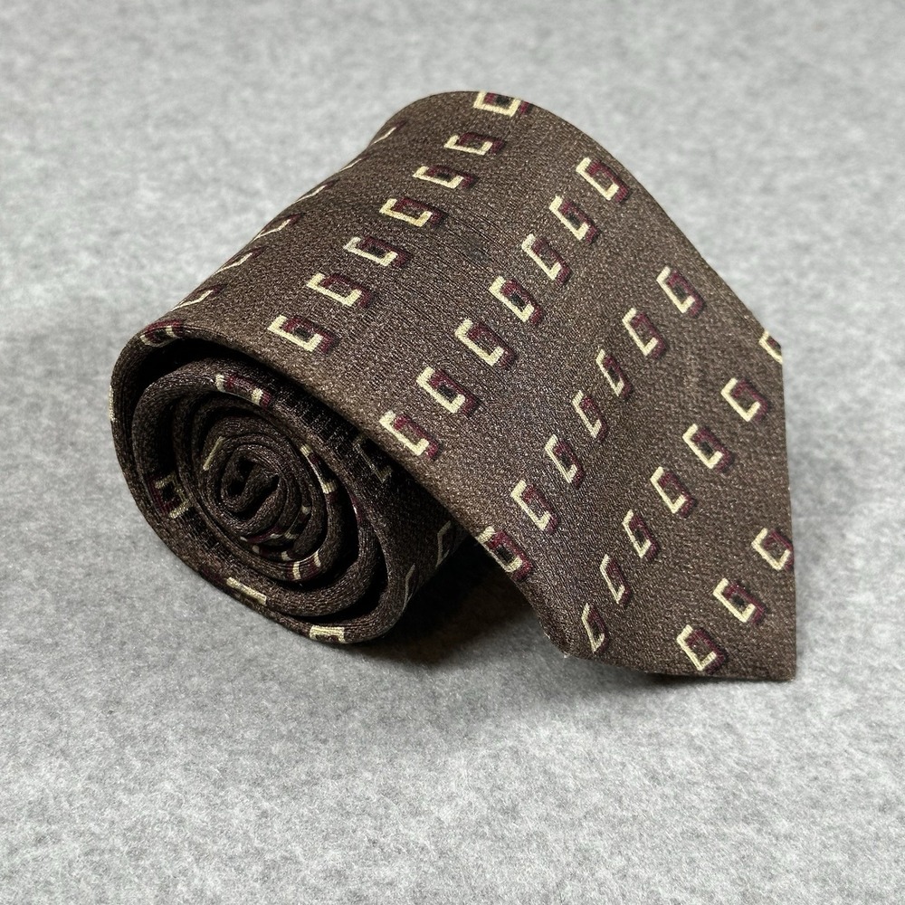 Vintage Guy Laroche Silk Tie Brown Geometric Pattern Made Italy 59x3.75in NOTE